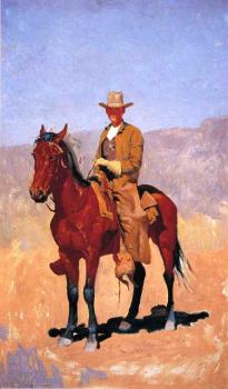 Frederic Remington : Mounted Cowboy in Chaps with Race Horse